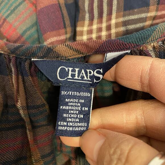 Chaps Women's Blouse Cotton 3X Multicolor Plaid Balloon Sleeve Holiday Western - Picture 3 of 9